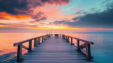 Obraz premium A tranquil pier for sea fishing at twilight, Fishing rods under a colorful sunset sky, Twilight serenity style