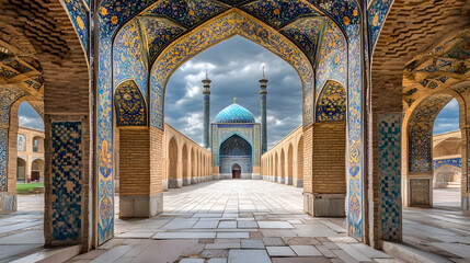 Obraz premium Majestic Islamic Architecture Ornate Mosque Courtyard with Stunning Domes and Arches : Generative AI