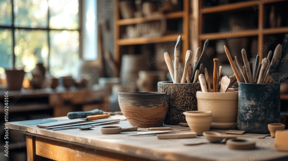 Poster a tranquil pottery studio with a variety of clay and tools, pottery tools neatly organized on workta