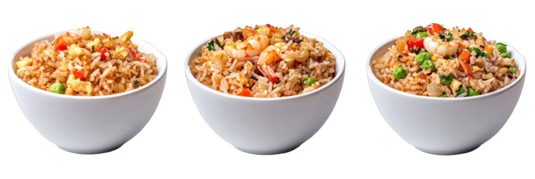XO Sauce Fried Rice, three spicy servings, isolated.