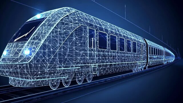 Digital representation of a train in motion showcasing advanced technology and design features in a futuristic environment