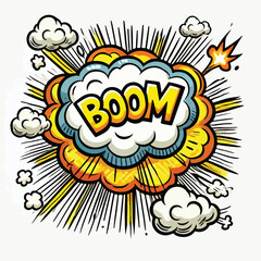 Cartoon comic sign burst cloud. Speech bubble, boom sign expression and   on a white background