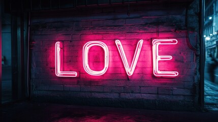 Fototapeta premium Pink neon LOVE sign on brick wall at night.