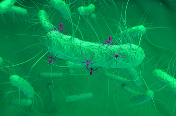 Bacteriophage viruses attack bacteria - isometric view 3d illustration