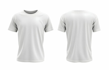 A front and back view of a white T-shirt mockup, isolated on a white background, shown in ultra-realistic photography with smooth texture and high detail.