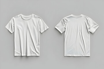Naklejka premium White T-shirt mockup with front and back views, isolated on a gray background. Vector-style illustration for design or advertising.