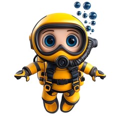 Cute Cartoon Diver Character with Bubbles in Bright Yellow Suit
