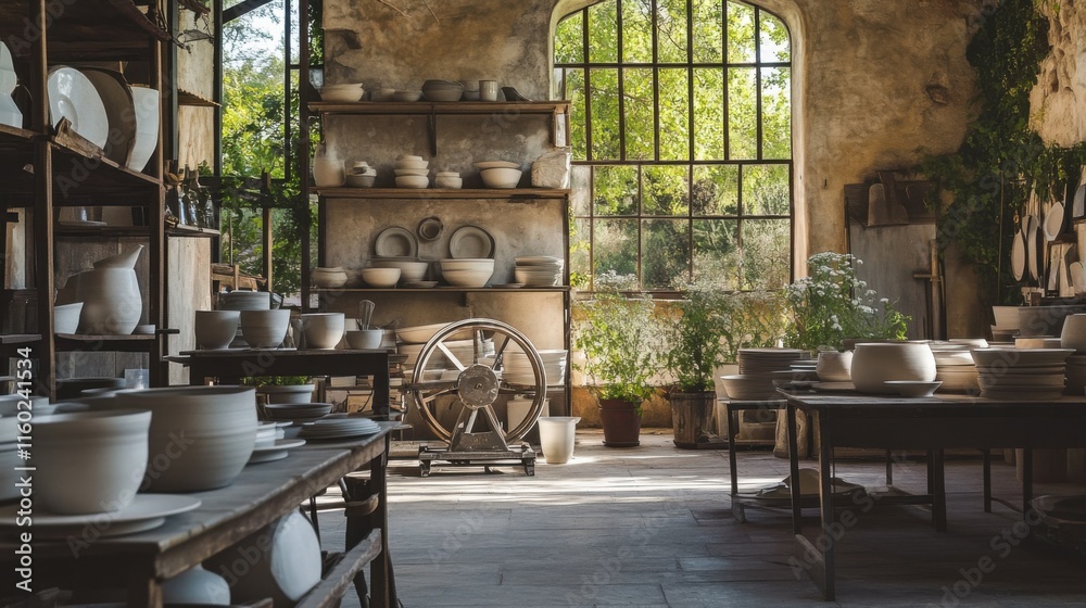Aufkleber a tranquil pottery workshop with pottery wheels and kilns, pottery tools arranged in a spacious work
