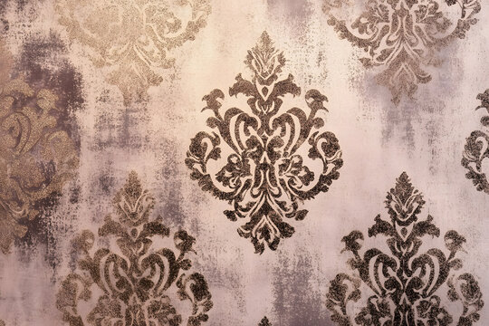 shabby chic background with a textured damask pattern in muted mocha brown and metallic rose gold, very elegant, wallpaper, 2025 color