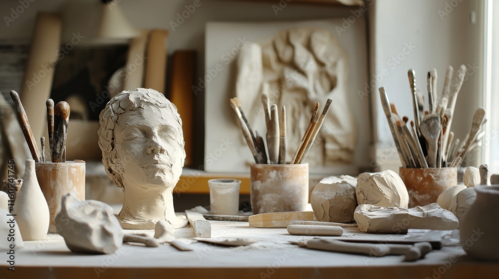 Poster a tranquil sculpting studio with clay and sculpting tools, sculpting tools arranged around a sculpto