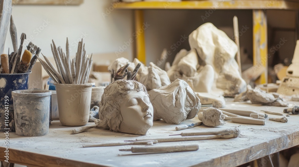 Poster a tranquil sculpting studio with clay and sculpting tools, sculpting tools arranged around a sculpto