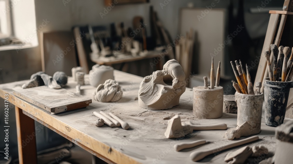 Poster a tranquil sculpting studio with clay and sculpting tools, sculpting tools arranged around a sculpto