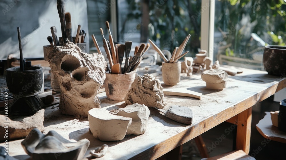 Poster a tranquil sculpting studio with clay and sculpting tools, sculpting tools arranged around a sculpto