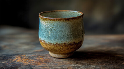 Unique ceramic cup with a gradient glaze sitting on a rustic table in a tranquil setting