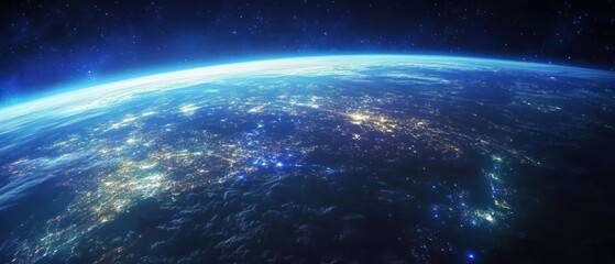 Obraz premium A view of the Earth at night, with the lights of cities and towns visible from space. The scene is serene and peaceful