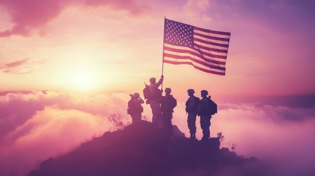 A Memorial Day flag ceremony at dawn, with soldiers in uniform raising the American flag against a pink sky"