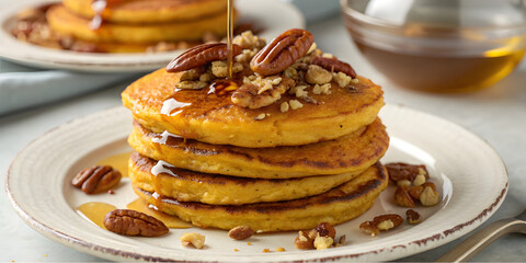A stack of delicious pancakes with syrup and honey on a plate