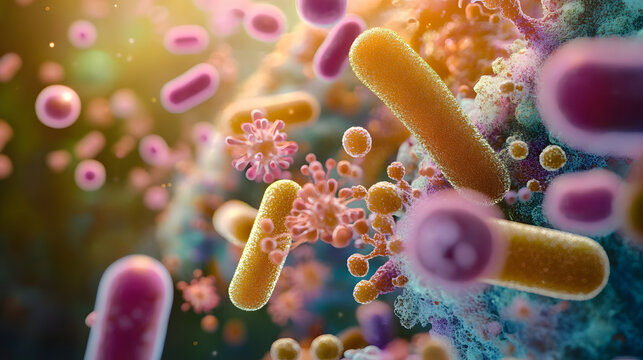 macro view of healthy gut bacteria and microbes - Powered by Adobe