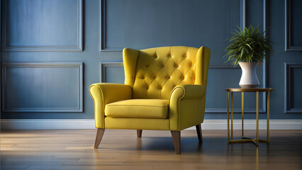 Yellow tufted armchair with side table in stylish interior.