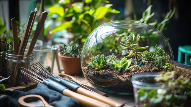 A tranquil terrarium workshop with gardening tools and succulents, Gardening tools arranged in a glass terrarium workshop, Botanical workshop style