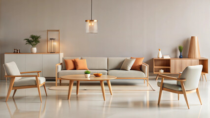 Scandinavian-style living room with wooden furniture and warm accents.