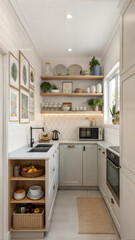 Compact kitchen with open shelving and neutral tones.