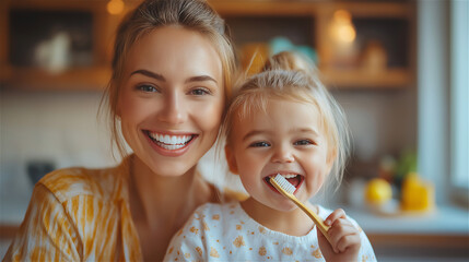 Smiling mother and daughter brushing teeth together. World Oral Health Day