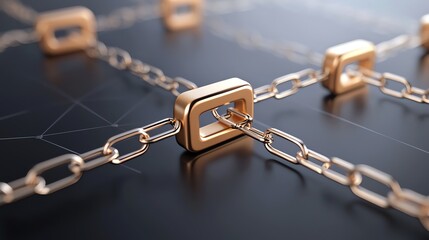 Golden blockchain links connecting on a digital surface, symbolizing security and innovation.