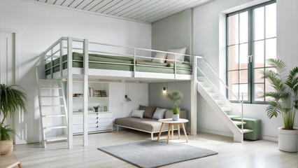 Loft-style bedroom with green accents and natural lighting