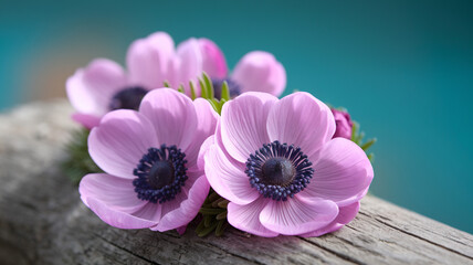 Beautiful Pink Anemones in Full Bloom Against a Turquoise Background
