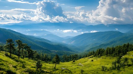 Breathtaking Mountainous Landscape with Vibrant Greenery and Blue Sky : Generative AI