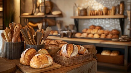 A vibrant artisanal bakery with baking tools and freshly baked goods, Artisan bakery craftsmanship style, photo of