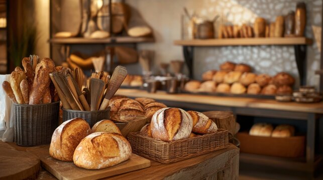 A vibrant artisanal bakery with baking tools and freshly baked goods, Artisan bakery craftsmanship style, photo of