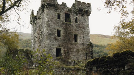 Fototapeta premium Worn Tower Ruins of an Old Castle Surrounded by Lush Greenery in a Serene Landscape