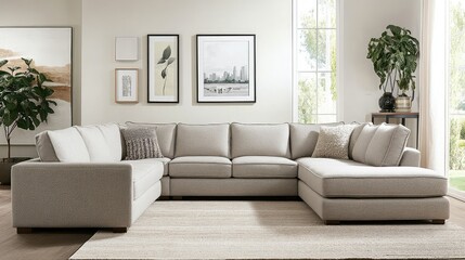 Stylish sectional sofa setup in a bright room with natural light and decorative elements for a contemporary living space.