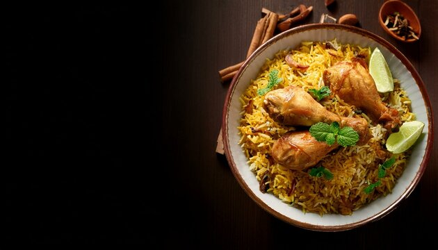 Chicken biryani dish called majboos, copy space. Generated image