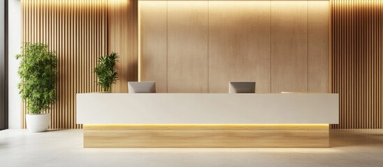 Modern reception desk with wooden accents in minimalist office space featuring bright lighting and room for branding or text.