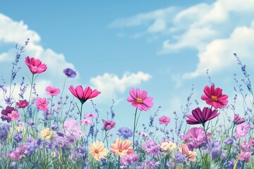 Fototapeta premium A Vibrant Field of Pink and Yellow Wildflowers Against a Blue Sky