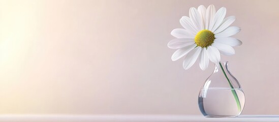 Minimalist white daisy in clear glass vase on soft background with ample space for insertable text or design elements