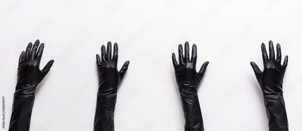 Poster hand gestures in black gloves on a white background with ample blank space for adding your own text 