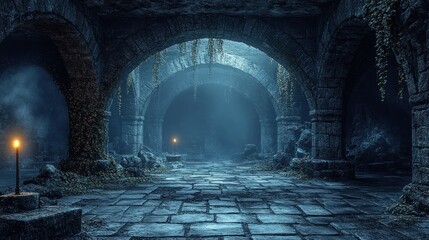Dark, stone corridor; candles, arches, overgrown.