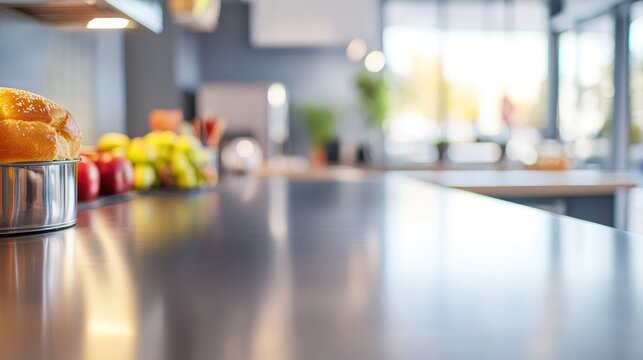 Contemporary kitchen featuring a sleek stainless steel countertop with a blurred background showcasing fresh bakery items and vibrant produce
