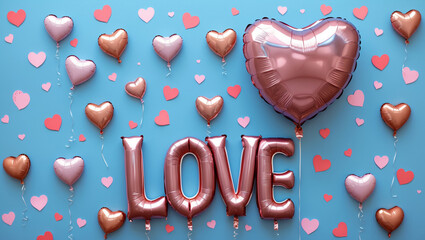 word LOVE and heart-shaped balloon on blue background. Valentine's day background