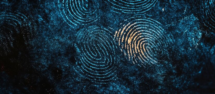 Unique fingerprints on a dark surface representing crime scene evidence with space for personalized text or information