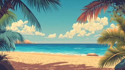 Obraz premium Tropical Beach Scene with Palm Trees and Blue Ocean