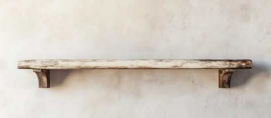 Rustic wooden shelf against a textured wall ideal for shabby chic home decor and customizable text space.