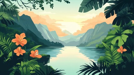 Tropical Landscape with Lush Foliage and a Tranquil River