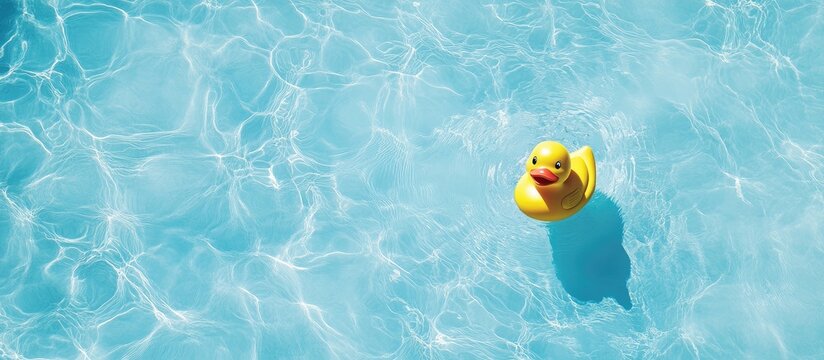Bright yellow rubber duck floating in clear blue pool water with ample negative space for text or graphic design elements