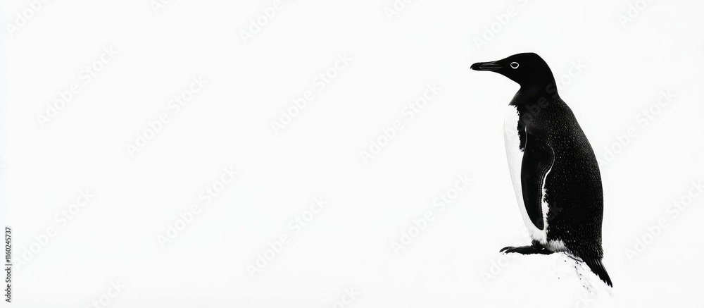 Poster penguin standing on a white background with empty space for customizable text and design elements in
