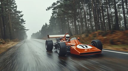 Classic race car speeding on a wet road through a forest.